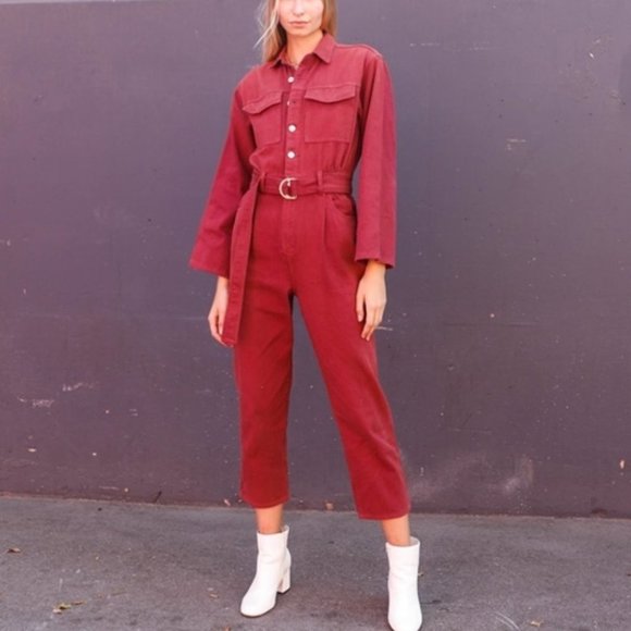 BURGUNDYY Long Sleeve Denim Utility Front Button D - Picture 1 of 8